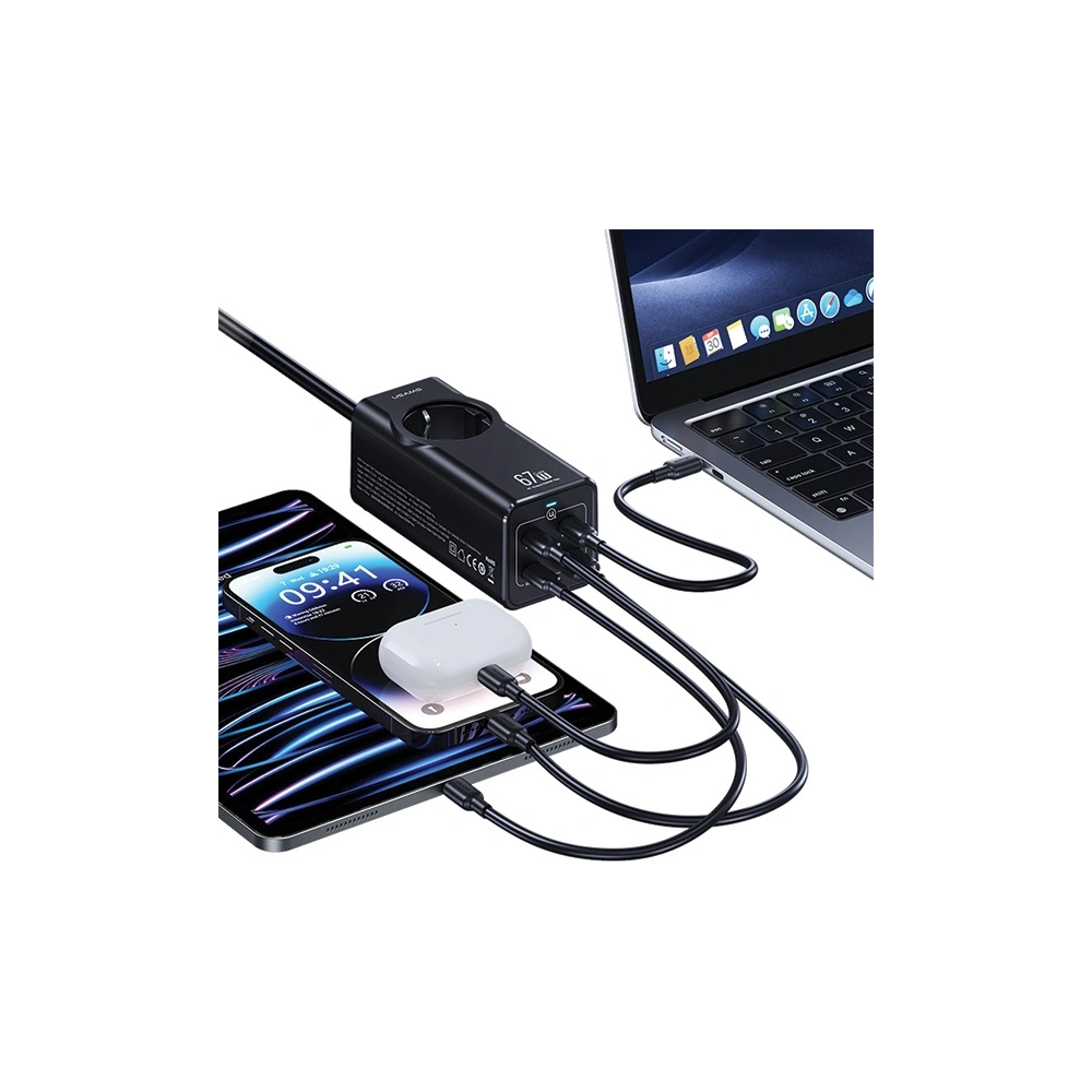 Hurtownia GSM - USAMS AC-Stromleiste / AC 2200W, USB-A 5W, 3xUSB-C 67W GaN PD QC FCP ADC PPS schwarz/black - USA1087 - {ean13} - Hurt