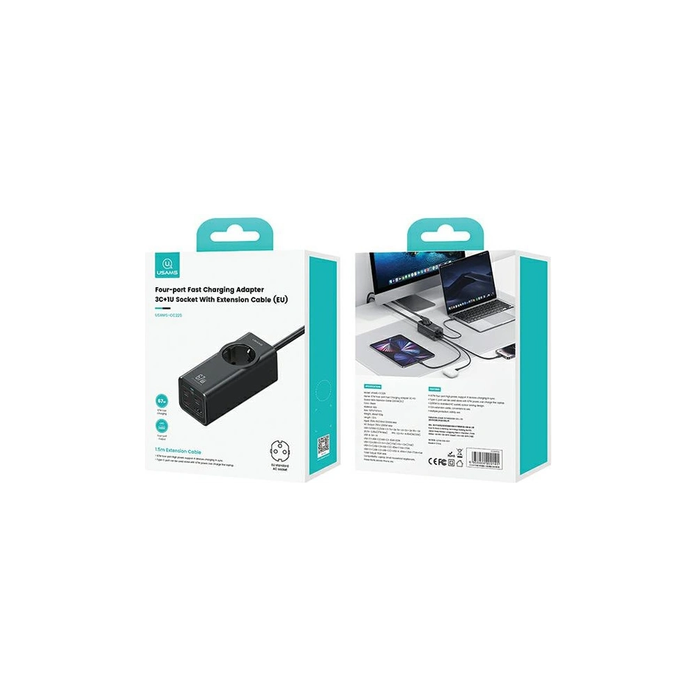 Hurtownia GSM - USAMS AC-Stromleiste / AC 2200W, USB-A 5W, 3xUSB-C 67W GaN PD QC FCP ADC PPS schwarz/black - USA1087 - {ean13} - Hurt