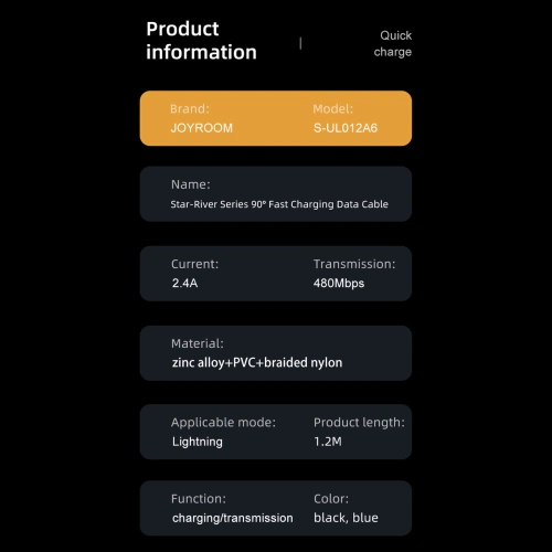 Kabel kątowy Joyroom S-UL012A6 USB-A / Ligtning 2.4A 1.2m niebieski