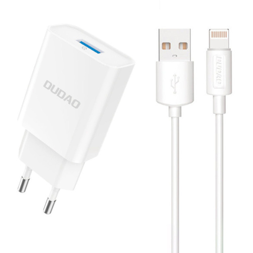 Dudao Distributor - 6976625331956 - DDA321 - Dudao A4EU wall charger USB-A 2.1A + USB-A / Lightning cable white - B2B homescreen