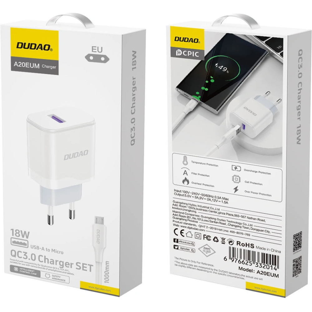 Hurtownia GSM - Încărcător de rețea Dudao A20EU USB-A 18W + cablu USB-A / microUSB alb - DDA324 - {ean13} - Hurt
