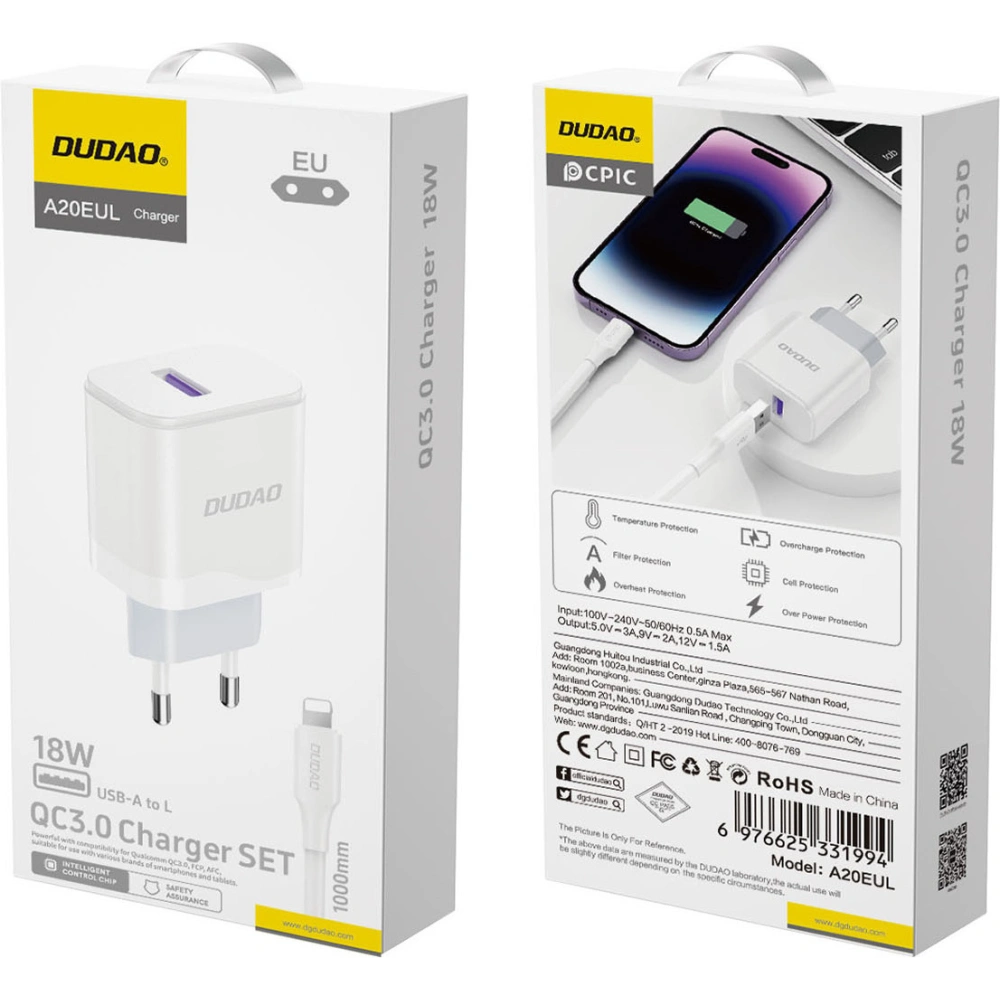 Hurtownia GSM - Încărcător de rețea Dudao A20EU USB-A 18W + cablu USB-A / Lightning alb - DDA326 - {ean13} - Hurt