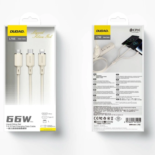 Kabel 3w1 Dudao L7SE USB-C / USB-C, Lightning, microUSB 66W 1.2m beżowy
