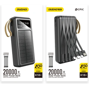 Hurtownia GSM - Solární powerbank Dudao K18+ USB-A, USB-C, Lightning, microUSB 20000mAh černý - DDA345 - {ean13} - Hurt