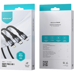 Hurtownia GSM - Kábel 3w1 Nillkin Swift Pro USB-A / microUSB 2A, USB-C 2A, Lightning 4.4A, 480Mbps, 1.5m Fekete / Czarny - NLK1516 - {ean13} - Hurt