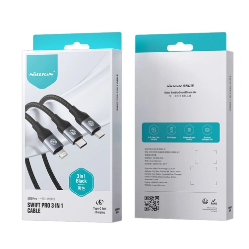 Kabel 3w1 Nillkin Swift Pro USB-A / microUSB 2A, USB-C 2A, Lightning 4.4A, 480Mbps, 1.5m Black / Czarny