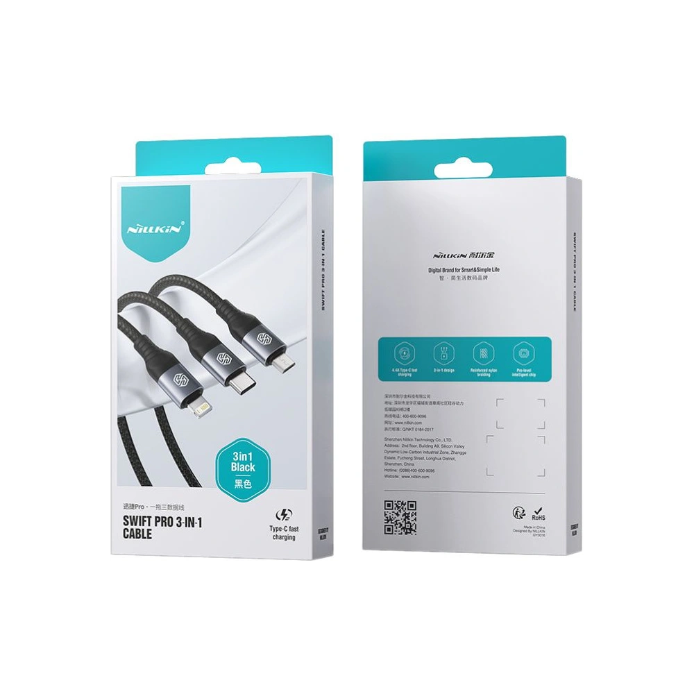 Hurtownia GSM - Kabel 3w1 Nillkin Swift Pro USB-A / microUSB 2A, USB-C 2A, Lightning 4.4A, 480Mbps, 1.5m Schwarz / Czarny - NLK1516 - {ean13} - Hurt
