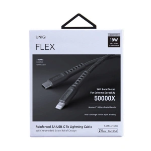 UNIQ Kabel MFI Flex USB-C-Lightning 18W nylonowy szary/charcoal grey