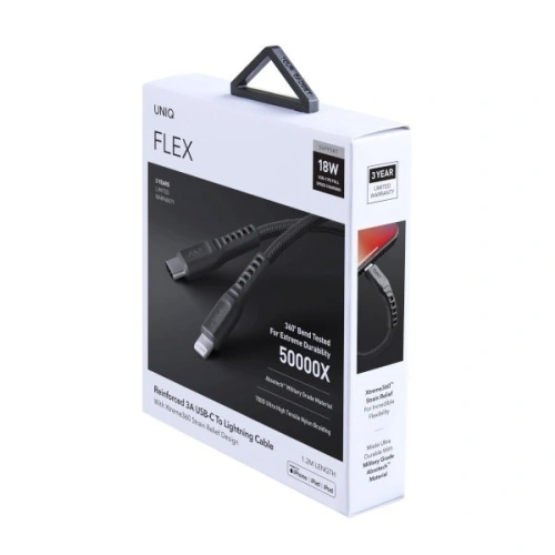 UNIQ Kabel MFI Flex USB-C-Lightning 18W nylonowy szary/charcoal grey