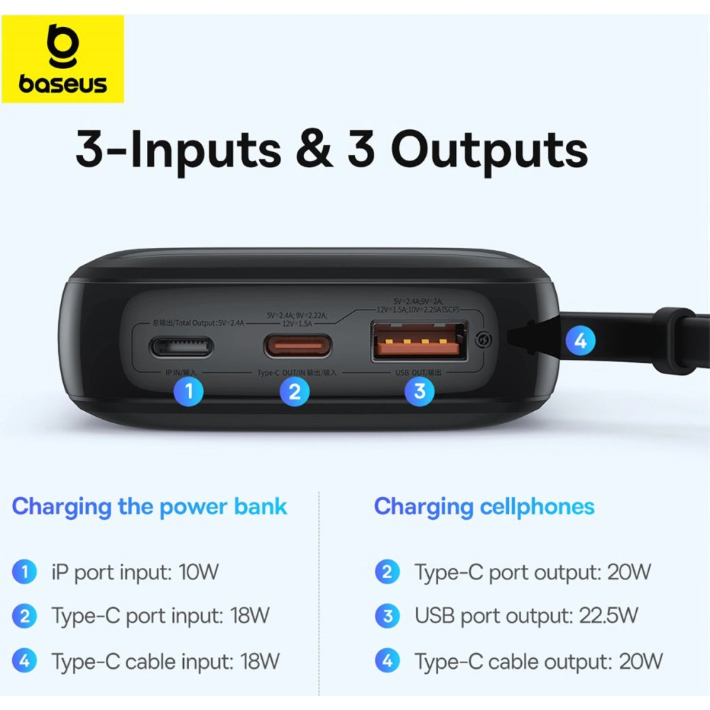Hurtownia GSM - Powerbank Baseus QPow Pro+ 10000mAh 22.5W + integriertes USB-C-Kabel schwarz - BSU4873 - {ean13} - Hurt