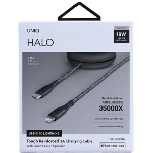 UNIQ Kabel MFI Halo USB-C-Lightning 18W nylon schwarz/mitternachts schwarz, 1,2 m, aufrollbar