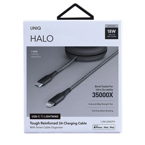 UNIQ kabel MFI Halo USB-C-Lightning 18W nylonowy zwijany 1,2m czarny/midnight black