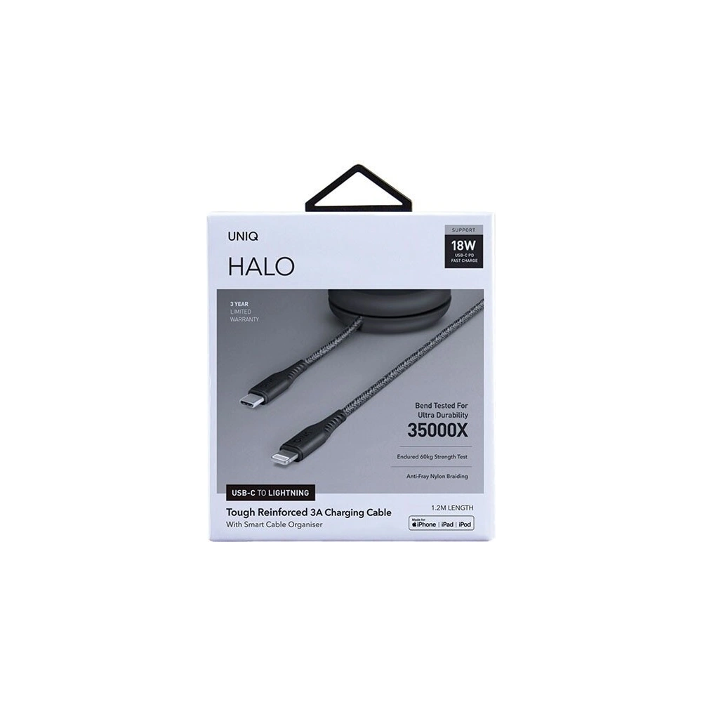 Hurtownia GSM - UNIQ kabel MFI Halo USB-C-Lightning 18W nylonowy zwijany 1,2m czarny/midnight black - UNIQ129BLK - {ean13} - Hurt
