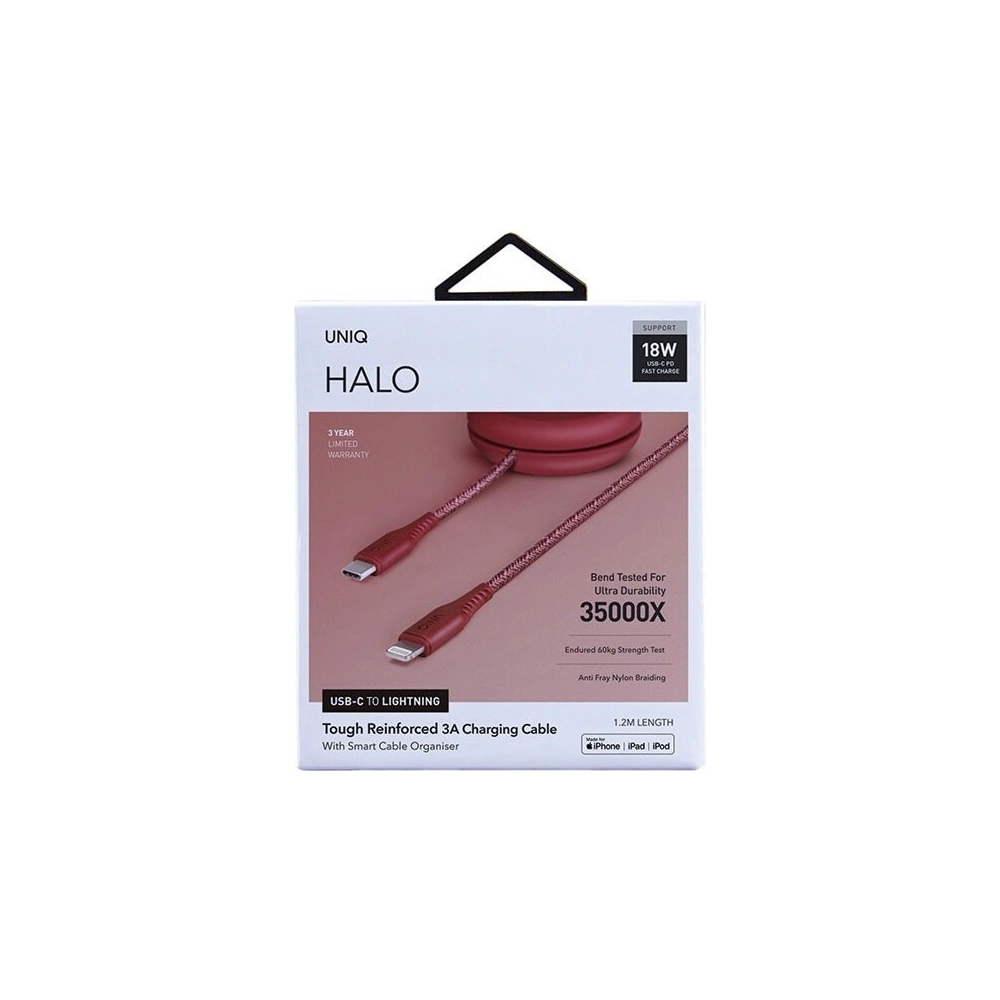 Hurtownia GSM - UNIQ kabel MFI Halo USB-C-Lightning 18W nylonowy zwijany 1,2m czerwony/carmine red - UNIQ130RED - {ean13} - Hurt