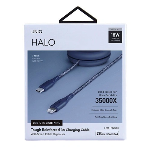 UNIQ kabel MFI Halo USB-C-Lightning 18W nylonowy zwijany 1.2m niebieski/marine blue