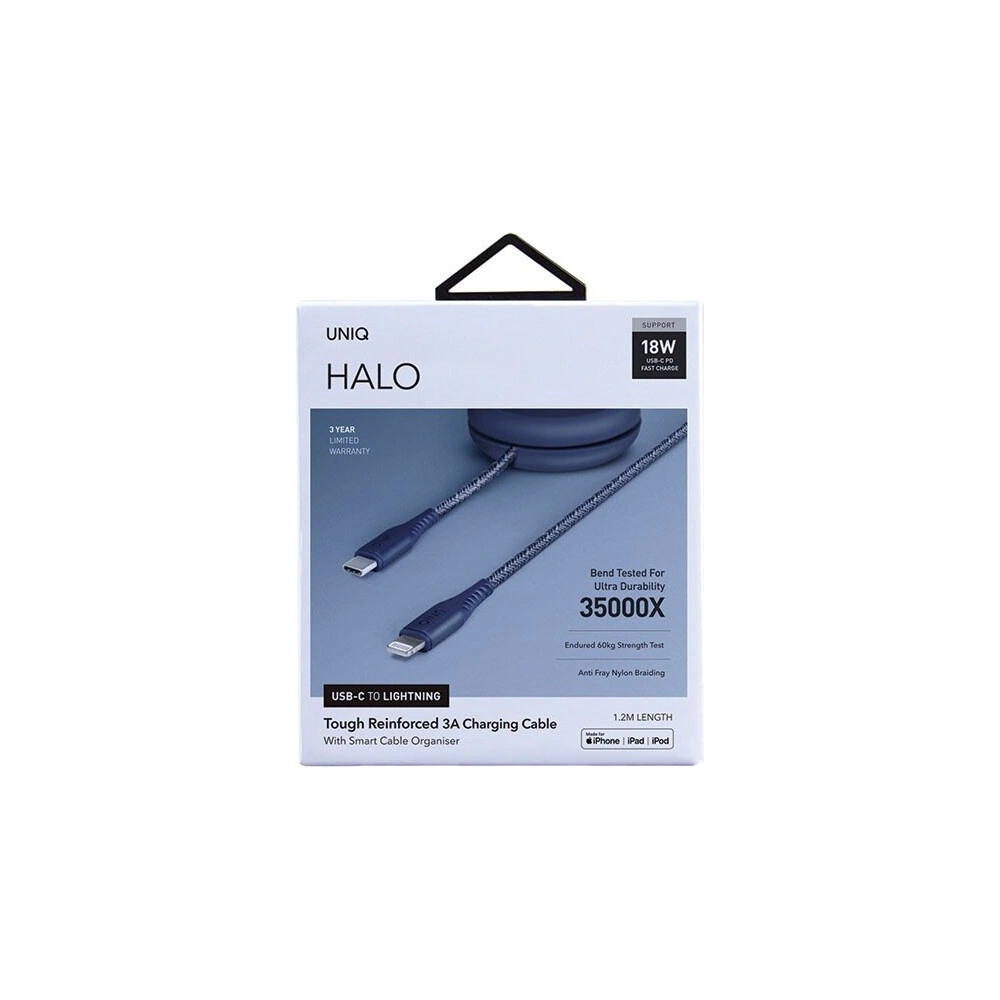 Hurtownia GSM - UNIQ kabel MFI Halo USB-C-Lightning 18W nylonowy zwijany 1.2m niebieski/marine blue - UNIQ131BLUE - {ean13} - Hurt