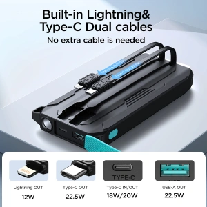 Hurtownia GSM - Powerbank Joyroom JR-L017 10000mAh 22.5W mit integrierten USB-C- und Lightning-Kabeln schwarz - JYR1007 - {ean13} - Hurt