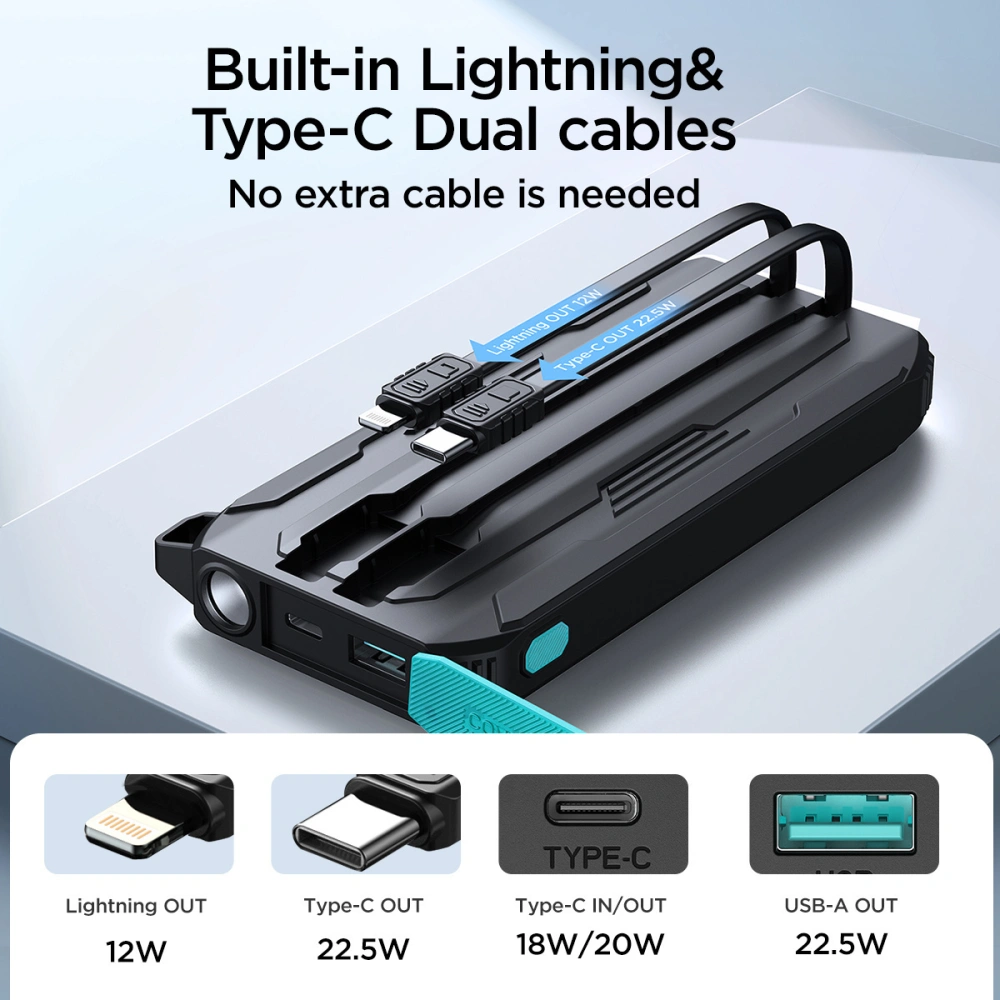 Hurtownia GSM - Powerbank Joyroom JR-L017 10000mAh 22.5W s vestavěnými kabely USB-C, Lightning černý - JYR1007 - {ean13} - Hurt
