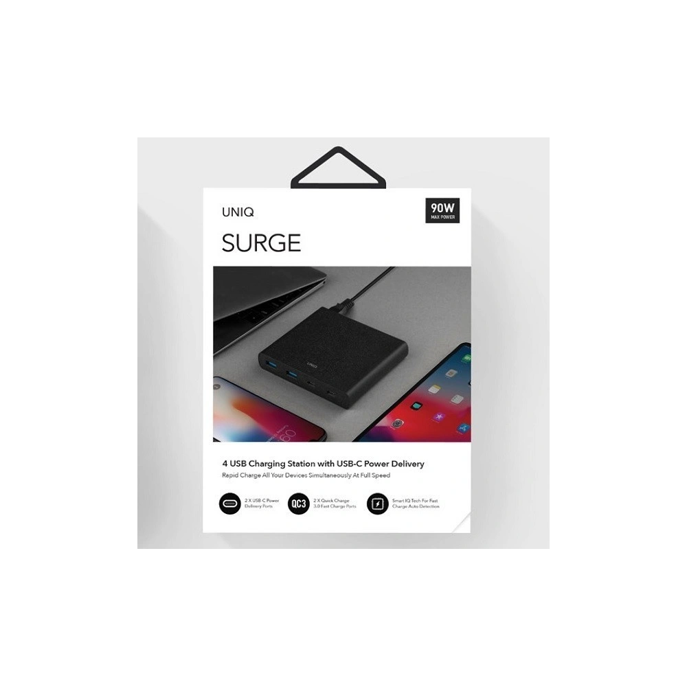 Hurtownia GSM - UNIQ Ład. siec. HUB Surge 90W czarny /charcoal black 2xUSB Quick Charge 3.0 + 2xUSB-C PD 3.0 (LITHOS Collective) - UNIQ135BLK - {ean13} - Hurt