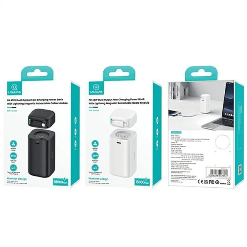 Powerbank USAMSUS-CD217 18000mAh PD 45W Fast Charge XMF Series + kabel Lightning czarny/black