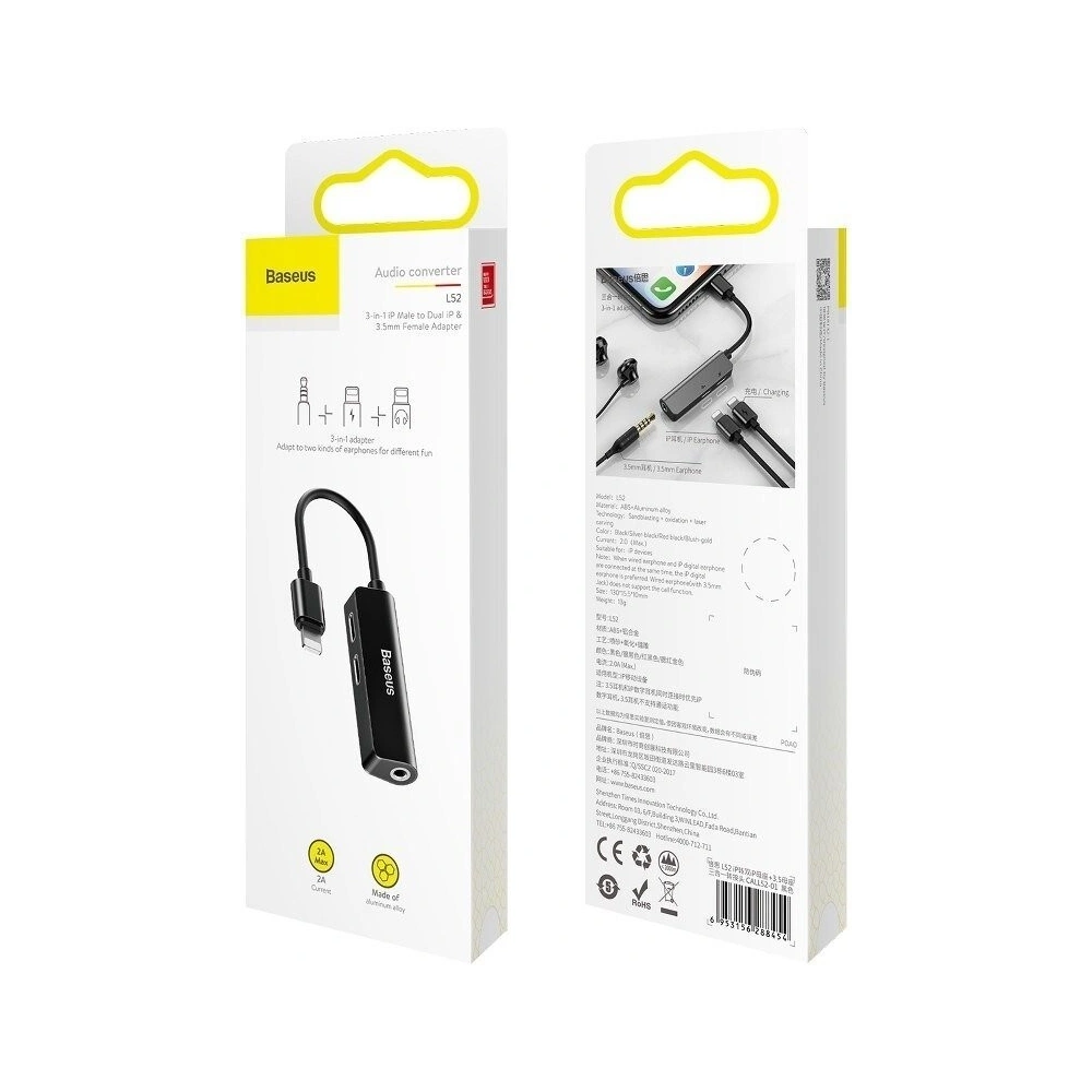 Hurtownia GSM - Adapter Audio Baseus L52 Lightning do Mini Jack 3.5mm i 2x Lightning (czarny) - BSU650BLK - {ean13} - Hurt