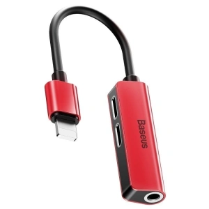 Adapter Audio Baseus L52 Lightning do Mini Jack 3.5mm i 2x Lightning (czerwony)