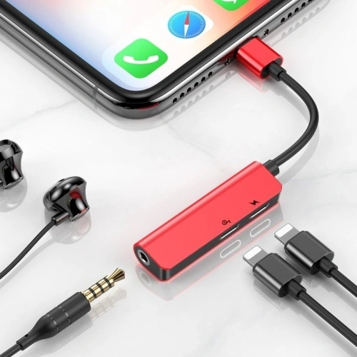 Adapter Audio Baseus L52 Lightning do Mini Jack 3.5mm i 2x Lightning (czerwony)
