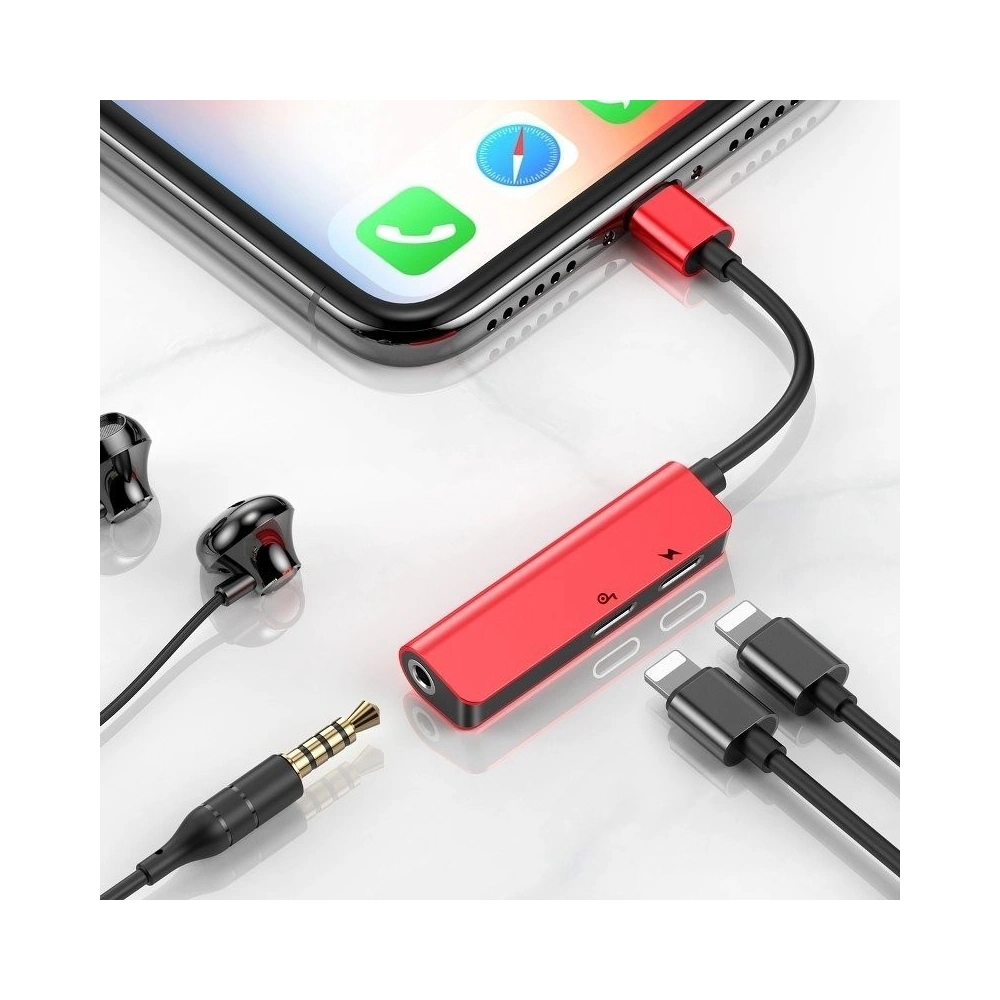 Hurtownia GSM - Adapter Audio Baseus L52 Lightning do Mini Jack 3.5mm i 2x Lightning (czerwony) - BSU651RED - {ean13} - Hurt
