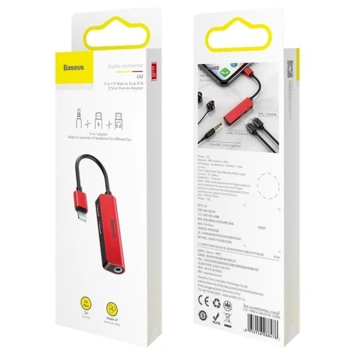 Adapter Audio Baseus L52 Lightning do Mini Jack 3.5mm i 2x Lightning (czerwony)