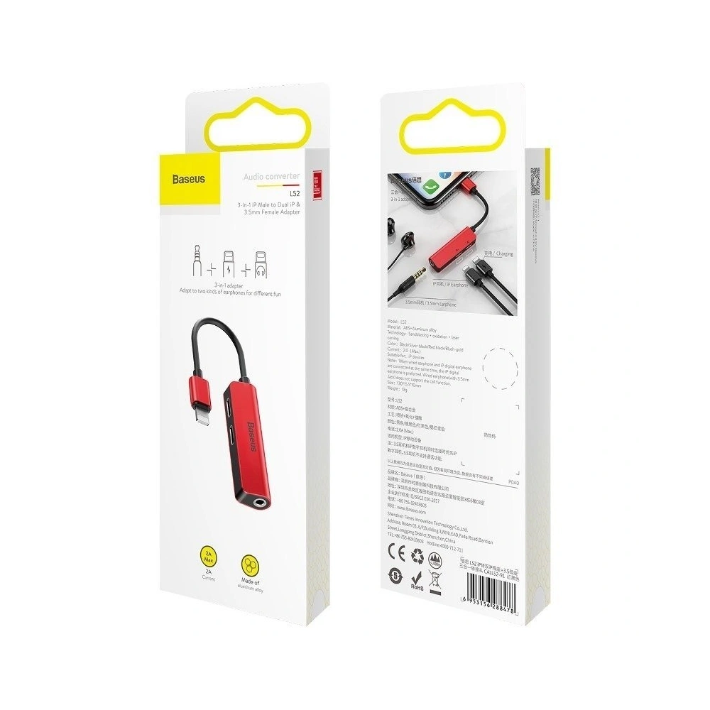 Hurtownia GSM - Adapter Audio Baseus L52 Lightning do Mini Jack 3.5mm i 2x Lightning (czerwony) - BSU651RED - {ean13} - Hurt
