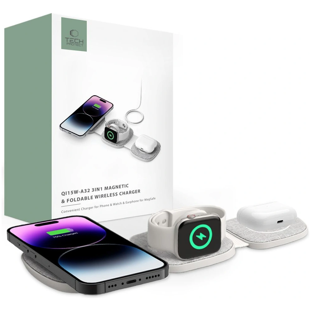 Hurtownia GSM - Bezdrátová nabíječka Tech-Protect QI15W-A32 3in1 Magnetic Magsafe Bezdrátová nabíječka Šedá + kabel USB-C / USB-C 120cm - THP2773 - {ean13} - Hurt