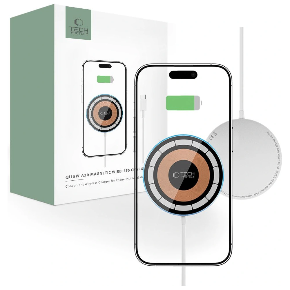 Hurtownia GSM - Bezdrátová nabíječka Tech-Protect QI15W-A30 Magnetic Magsafe Wireless Charger Silver - THP2774 - {ean13} - Hurt