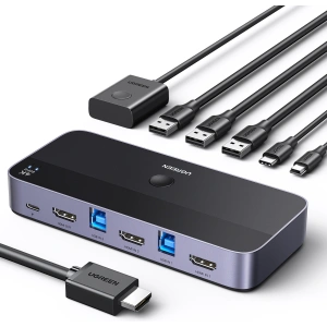 KVM-Switch UGREEN CM664, 3xUSB-A, 2xUSB-B, 2xUSB-C, 3xHDMI, micro USB, schwarz