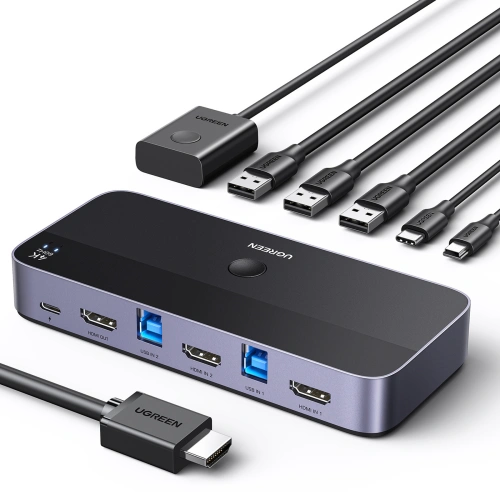 Przełącznik KVM UGREEN CM664 switch 3xUSB-A,2xUSB-B,2xUSB-C,3xHDMI,micro USB czarny