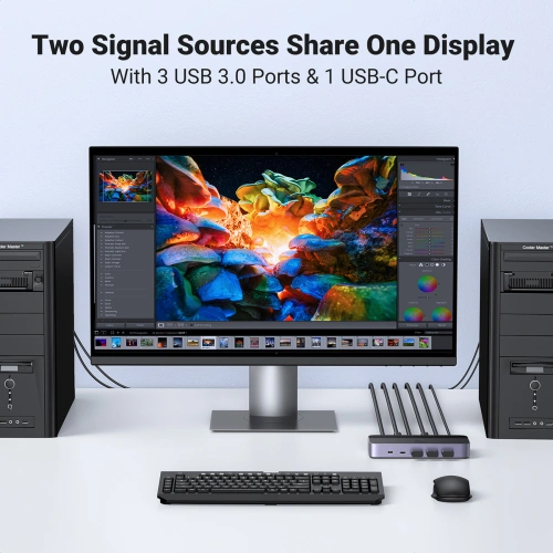 Przełącznik KVM UGREEN CM664 switch 3xUSB-A,2xUSB-B,2xUSB-C,3xHDMI,micro USB czarny