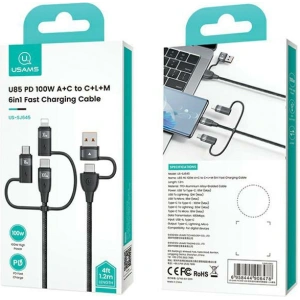 Hurtownia GSM - USAMS US-SJ645 U85 Kabel USB-A+USB-C/USB-C, Lightning, microUSB 6w1 1,2m 100W PD Schnellladung schwarz/black - USA1098 - {ean13} - Hurt