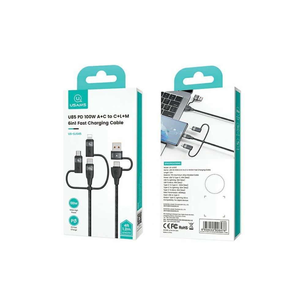 Hurtownia GSM - USAMS US-SJ645 U85 USB-A+USB-C/USB-C, Lightning, microUSB 6w1 1,2m 100W PD Gyors Töltő fekete/black - USA1098 - {ean13} - Hurt