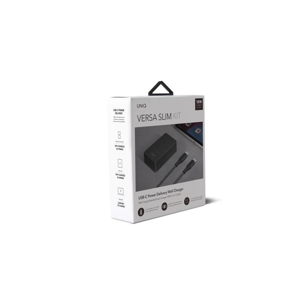 Hurtownia GSM - UNIQ Ład. siec. Versa Slim USB-C PD 18W + kabel USB-C na USB-C czarny/charcoal black (LITHOS Collective) - UNIQ136BLK - {ean13} - Hurt