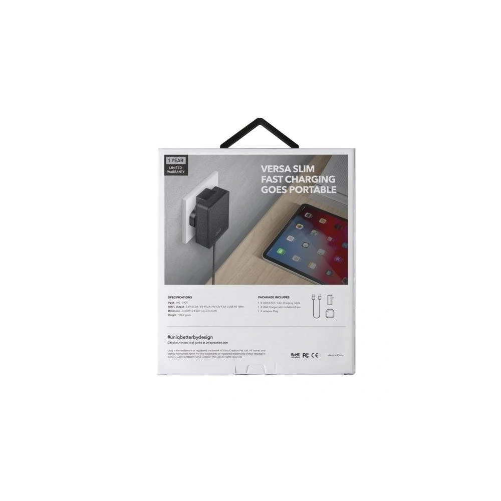 Hurtownia GSM - UNIQ Ład. siec. Versa Slim USB-C PD 18W + kabel USB-C na USB-C czarny/charcoal black (LITHOS Collective) - UNIQ136BLK - {ean13} - Hurt