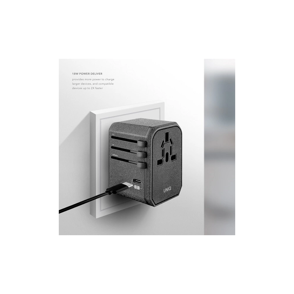 Hurtownia GSM - UNIQ Ład. siec. Voyage World Adapter 33W + 2xUSB + PD 18W + QC 3.0 szary/charcoal grey (LITHOS Collective) - UNIQ137GRY - {ean13} - Hurt