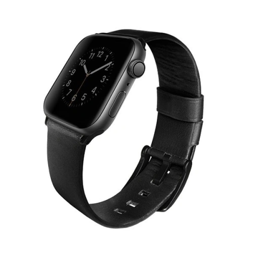 Pasek UNIQ Mondain Apple Watch 4/5/6/7/SE/8/9/Ultra 44/45/49mm Geniune Leather  czarny/midnight black