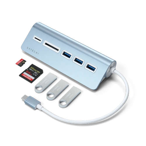 Adapter Satechi Aluminium hub USB-C / 3xUSB-A, micro/SD blue