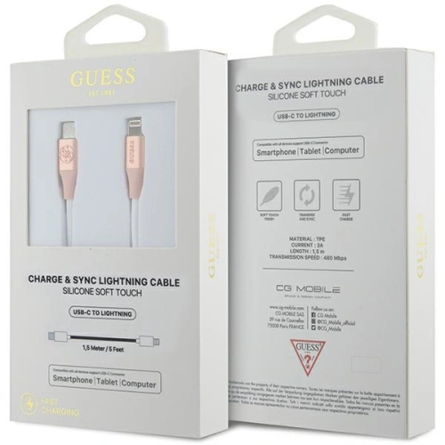 Kabel Guess GUCLLALRGDP USB-C / Lightning 1.5m Fast Charging Ebossed Logo różowy/pink