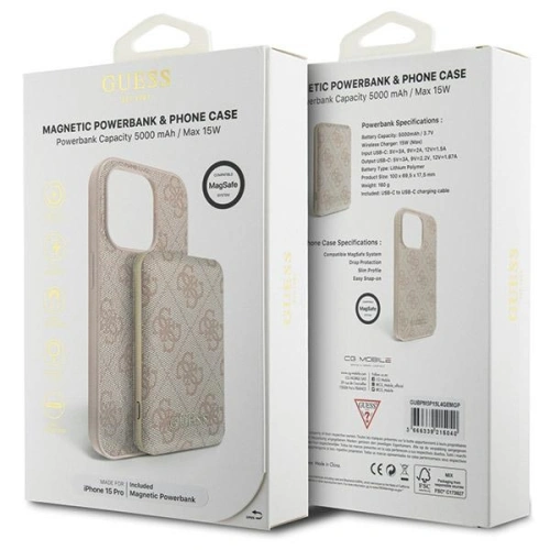 Zestaw Guess GUBPM5P15L4GEMGP Apple iPhone 15 Pro hardcase + Powerbank 5000mAh MagSafe 4G Metal Logo różowy/pink