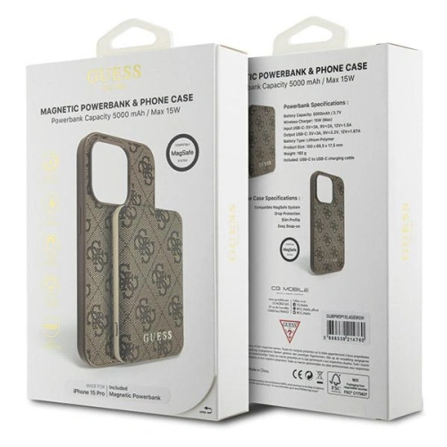 Zestaw Guess GUBPM5P15L4GEMGW Apple iPhone 15 Pro hardcase + Powerbank 5000mAh MagSafe 4G Metal Logo brązowy/brown