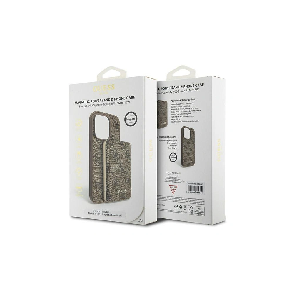 Hurtownia GSM - Zestaw Guess GUBPM5P15L4GEMGW Apple iPhone 15 Pro hardcase + Powerbank 5000mAh MagSafe 4G Metal Logo brązowy/brown - GUE3413 - {ean13} - Hurt