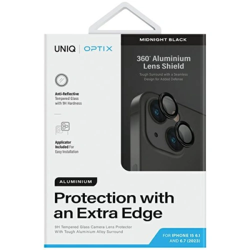 Szkło na obiektyw aparatu UNIQ Optix Aluminium Camera Lens Protector Apple iPhone 15 / 15 Plus midnight black
