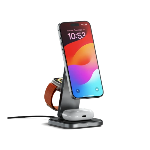 Ładowarka bezprzewodowa Satechi 3-in-1 Foldable Charging Stand Qi2 do trzech urządzeń (US,CAN,EU,UK) space gray