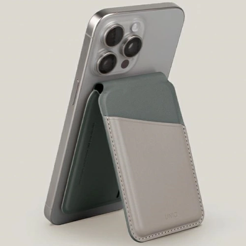 Portfel magnetyczny RFID z funkcją podstawki UNIQ Lyden DS beżowo-zielony/ivory-lichen green