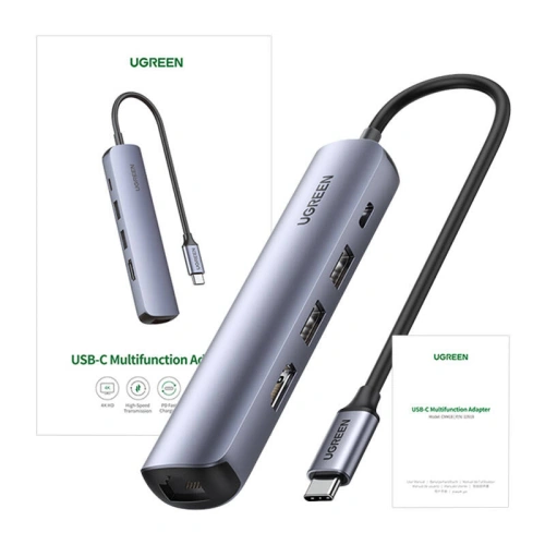 Adapter UGREEN Revodok CM418 USB-C / 2xUSB-A, HDMI 4K30Hz, RJ45 1Gbps, PD 100W szary